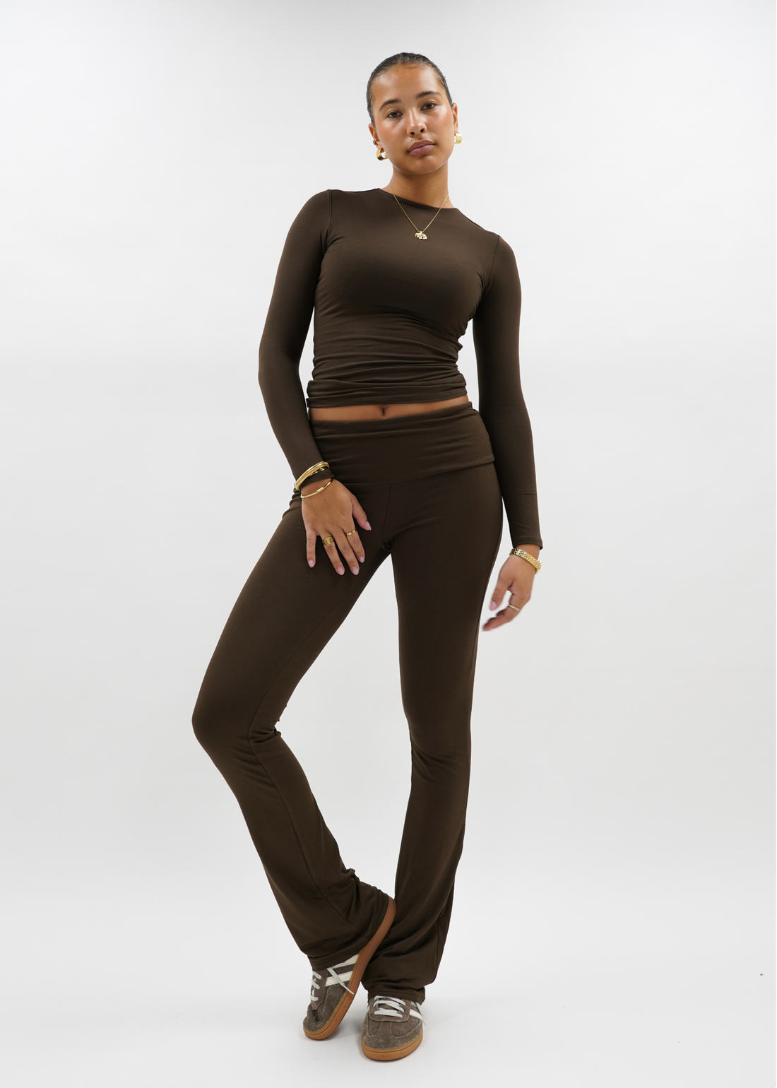 Fold-over flared pants chocolate brown (tall)