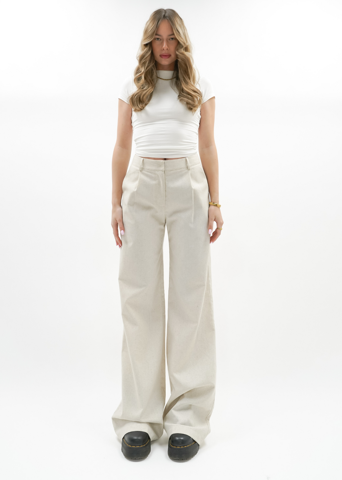High waist linnen pants casual (tall) crème melange
