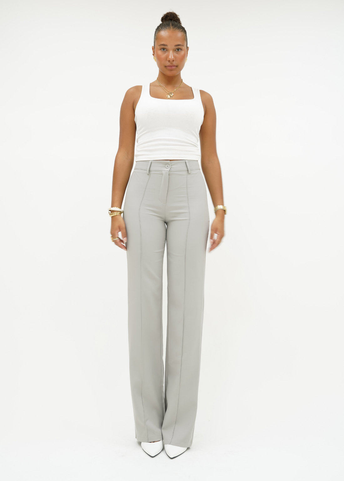 Straight leg pants met pressfold creamy grey (tall)
