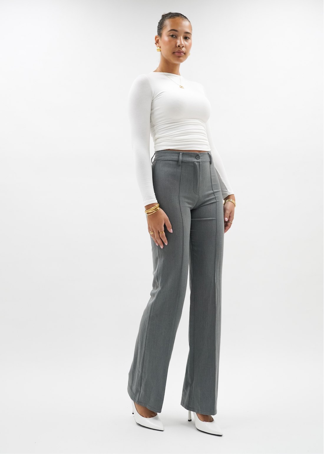 Straight leg pants met pressfold light washed grey (tall)